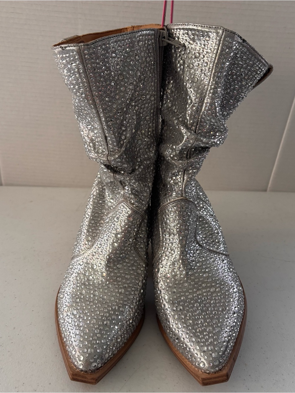 Crown Vintage Silver Crystal-Studded Pointed-Toe Mid-Calf Heeled Boots